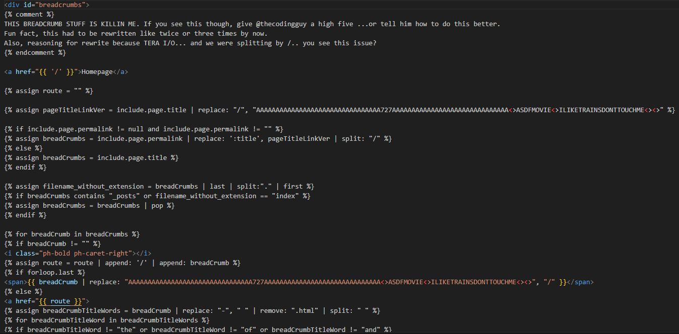 Snippet of the breadcrumb code